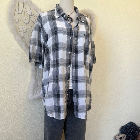 Indie Skater Grunge Plaid Oversized Shirt Button Up Short Sleeve Dad‎ Grey Black - Picture 3 of 7